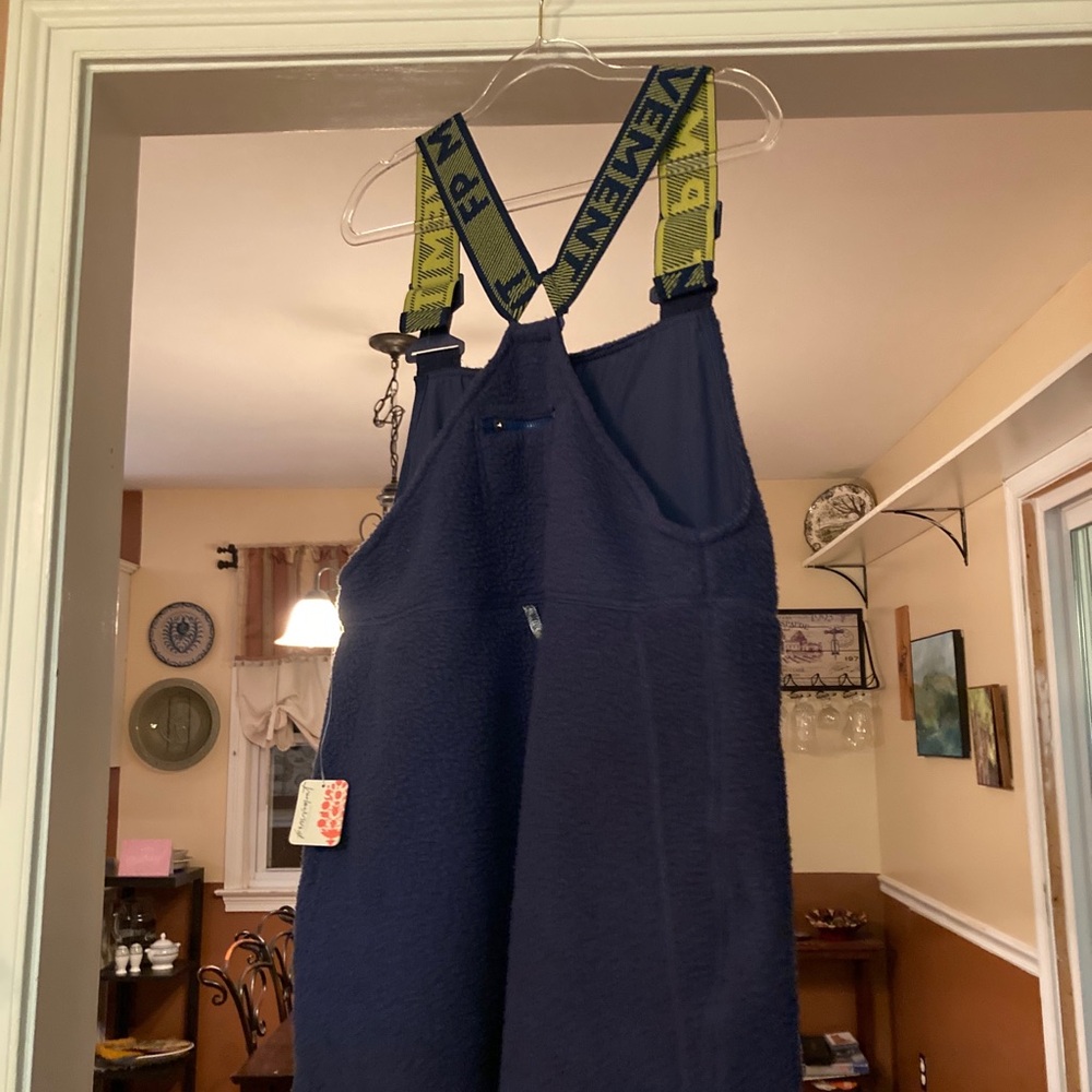 FP Movement by Free People Navy Fleece Bib Overalls with Neon Green Straps sz M